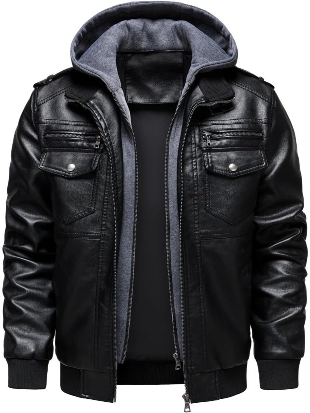 Men's Faux Leather Hooded Jacket Motorcycle Jackets Water Repellent Windproof PU